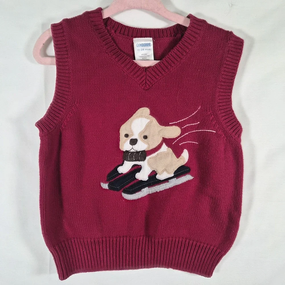 Gymboree Baby Boys 18-24M Sweater Vest Skiing Dog Red Navy Striped Winter